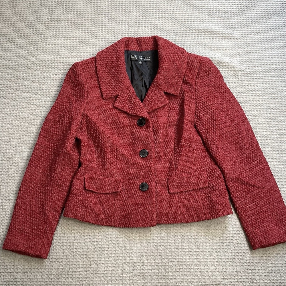 Lafayette 148 Blazer Jacket 4 Petite 4P Womens Textured Wool Blend Deep Red